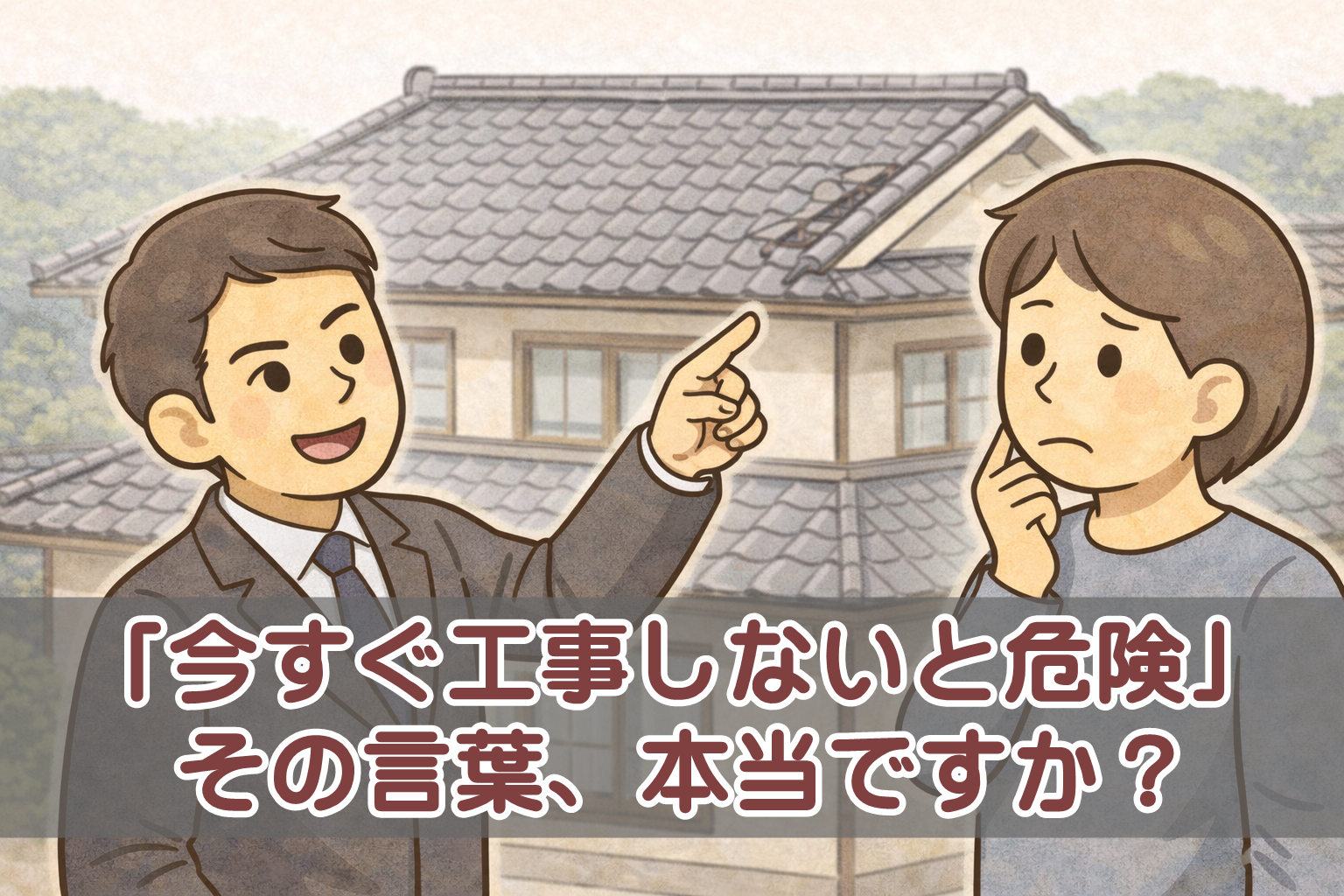 瓦屋根の訪問販売で「今すぐ工事が必要」と言われる場面を示したアイキャッチ画像
