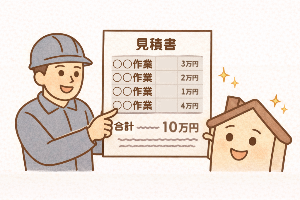 屋根修理の見積書を丁寧に説明する様子