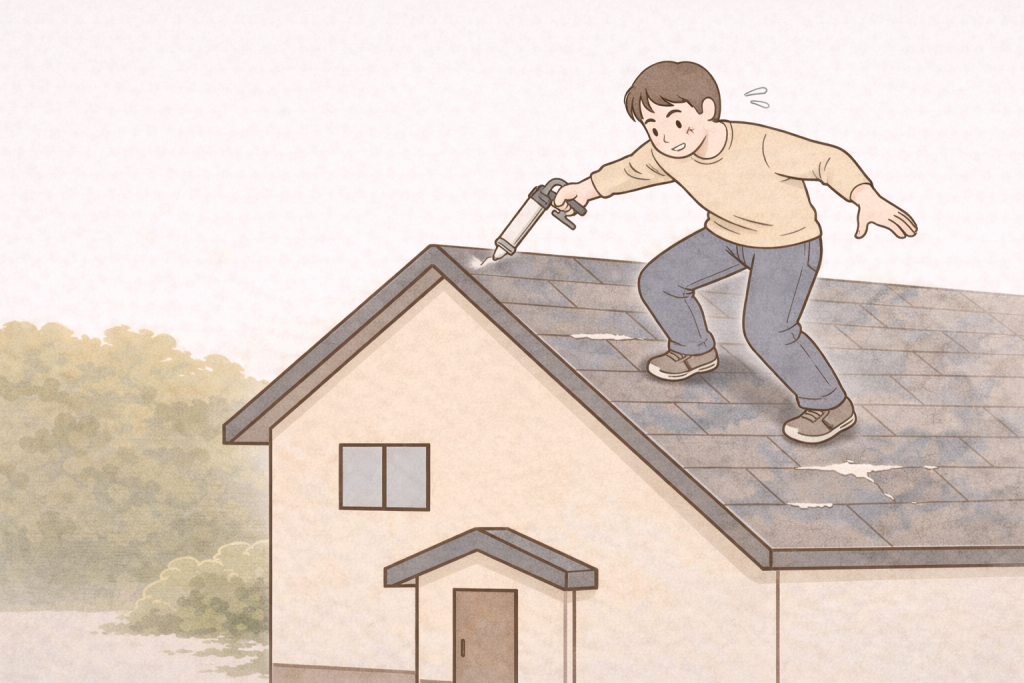 スレート屋根で応急処置をDIYしようとして不安定な姿勢になる危険な状態のイメージ

