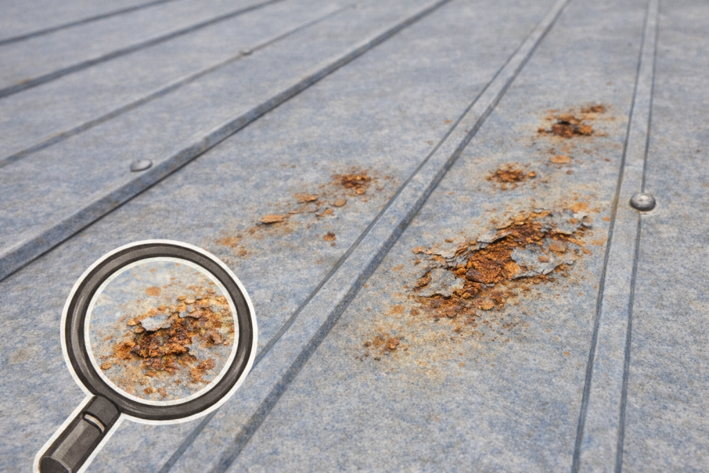 金属屋根でサビが進行し塗膜が剥がれている危険な状態