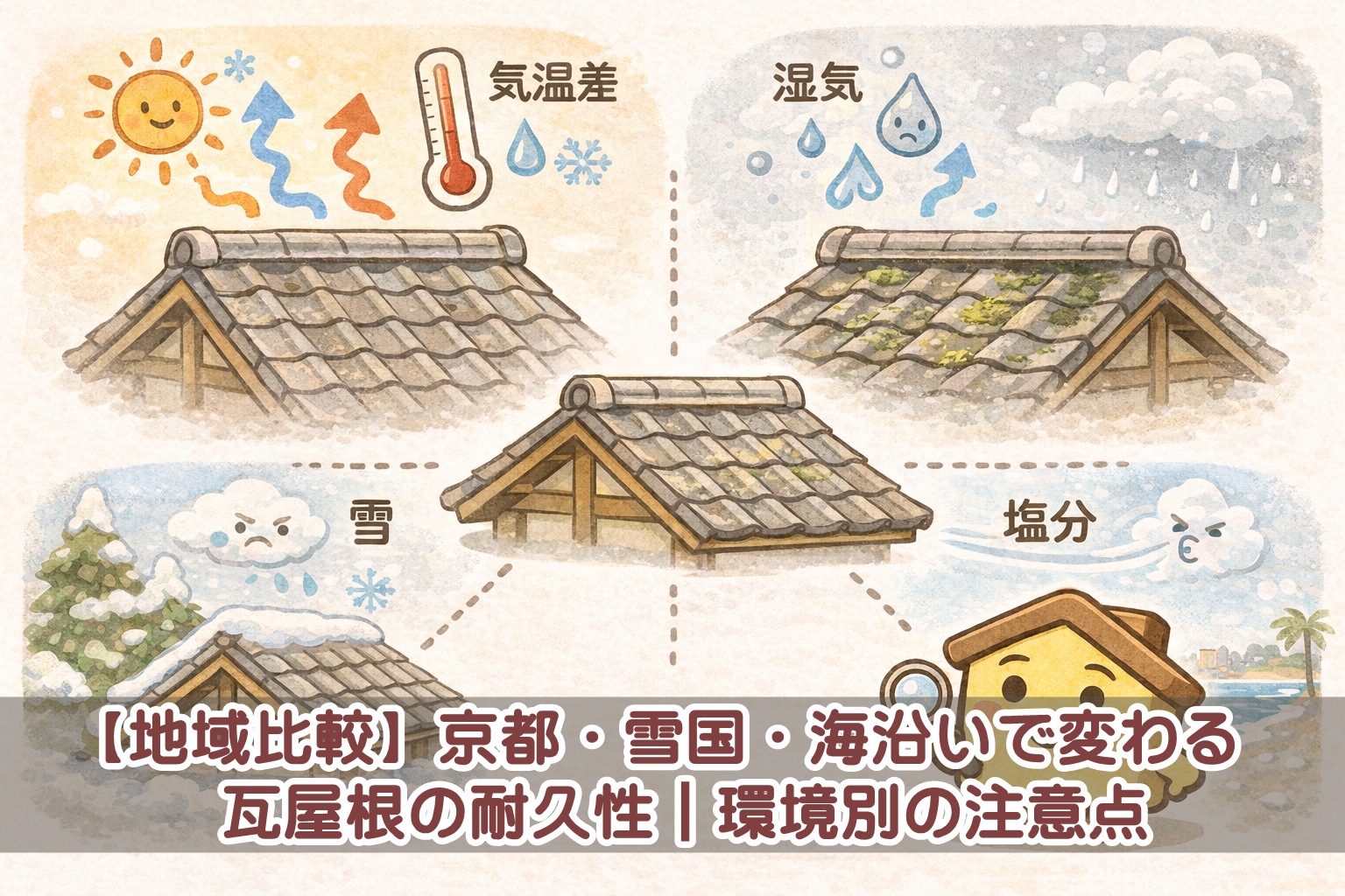 京都・雪国・海沿いで異なる瓦屋根の耐久性を比較したイメージ