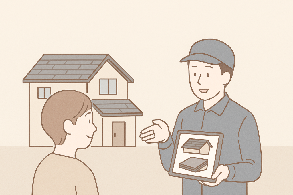 写真や資料を使ってスレート屋根の状態を丁寧に説明する信頼できる業者のイメージ

