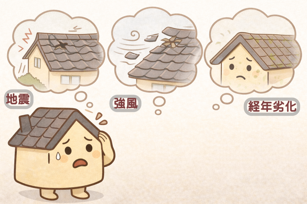 地震や強風、経年劣化によって瓦が落下する原因イメージ