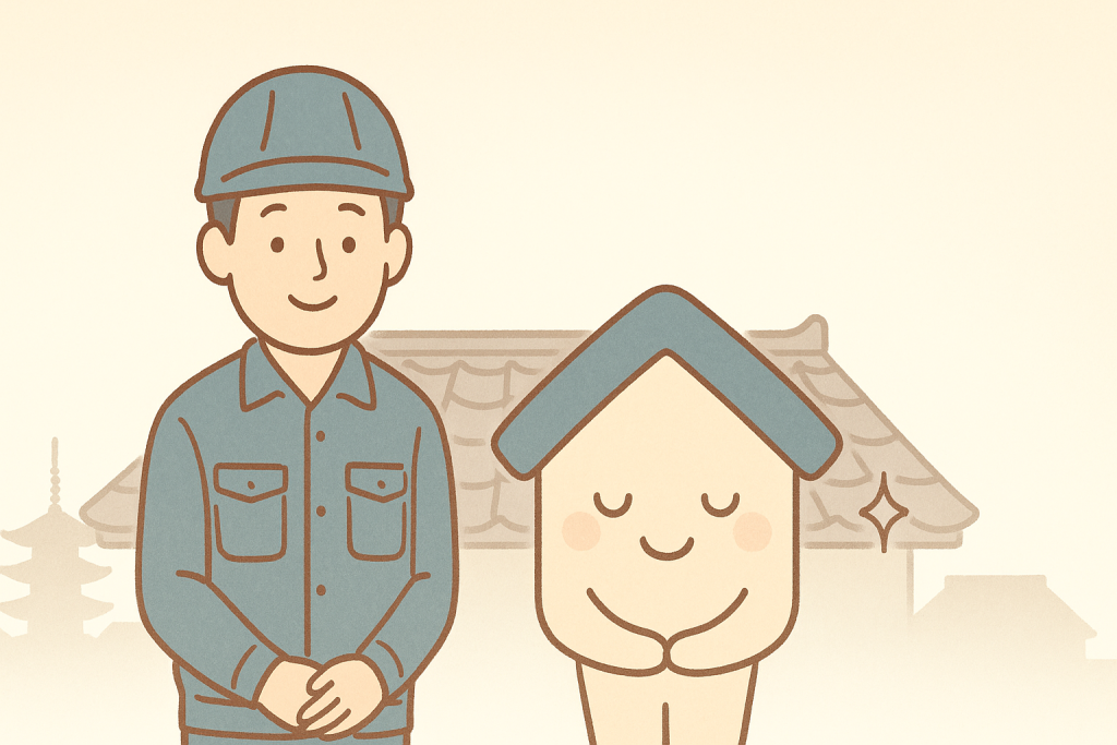 瓦屋根の前で作業員と京キャラが安心して立っているイメージイラスト
