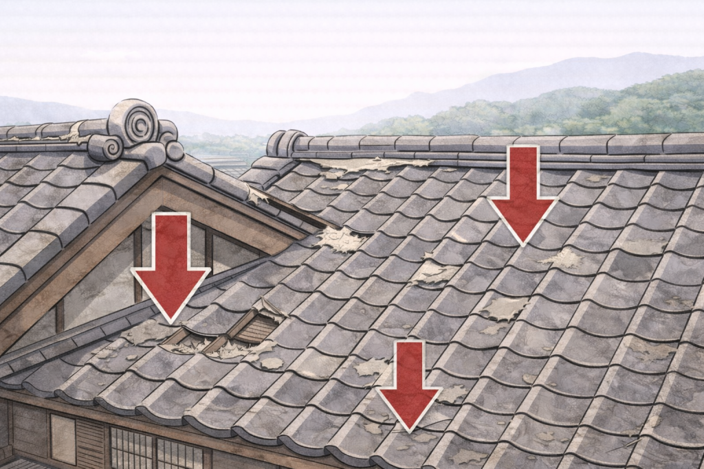 瓦のズレや漆喰劣化が見られる管理不足の瓦屋根イメージ