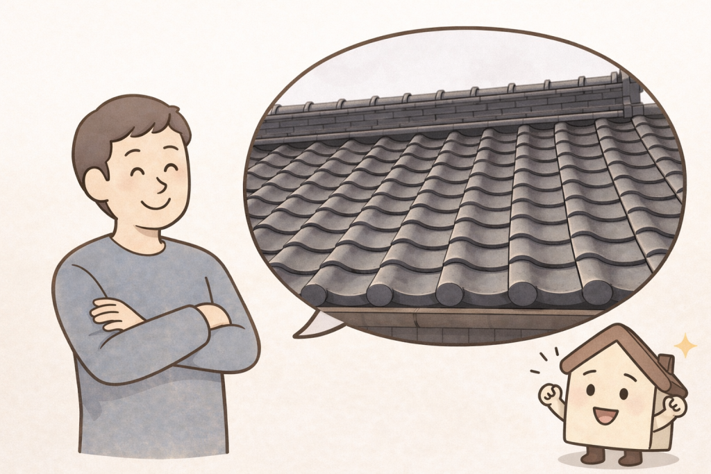 瓦屋根を下から点検して状態を確認している様子