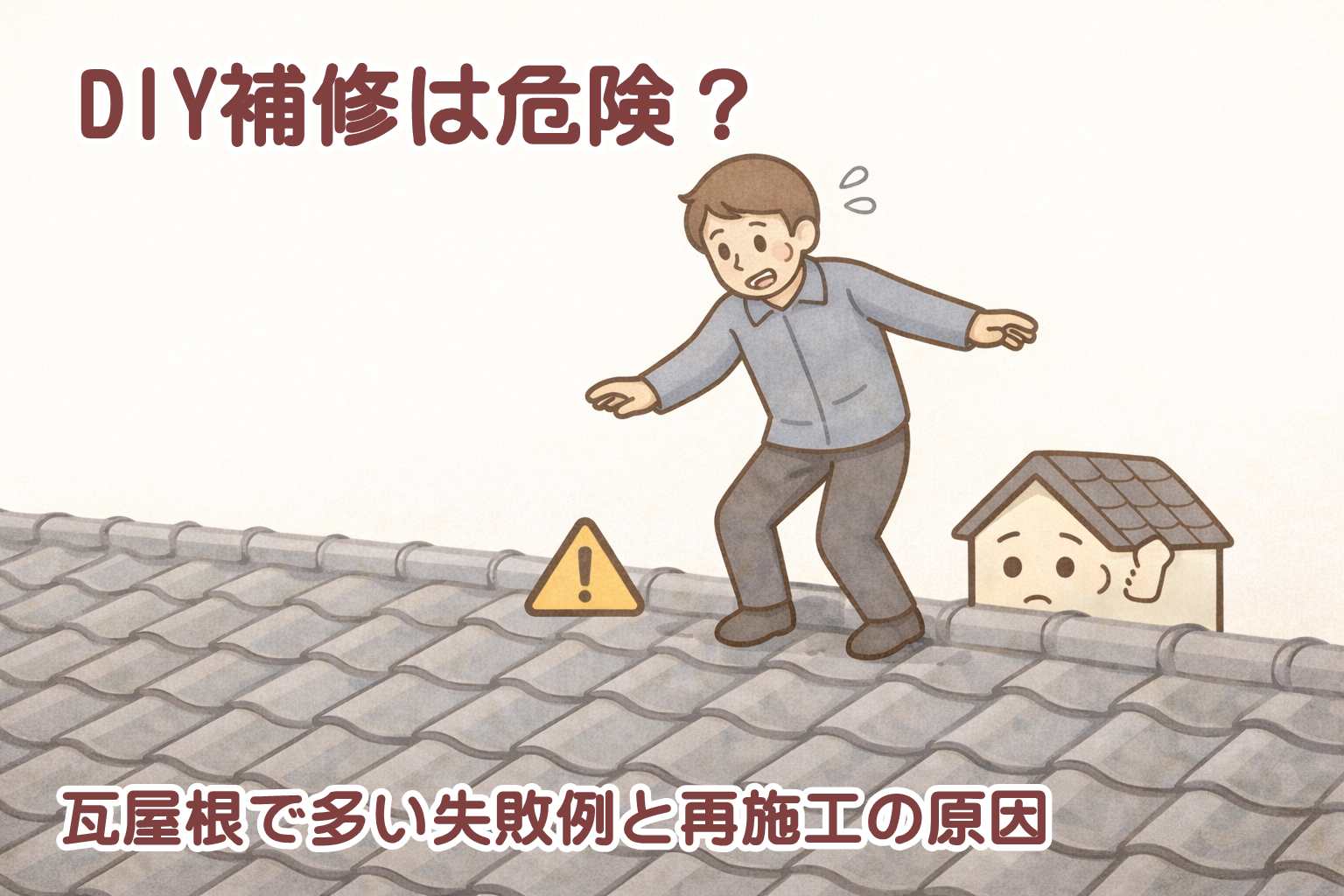 瓦屋根のDIY補修に潜む危険性を示したイメージ