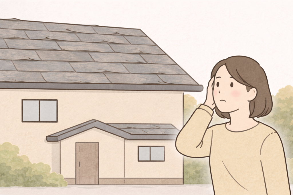 スレート屋根全体が反って浮き修理方法に悩み頭を抱える女性のイメージ
