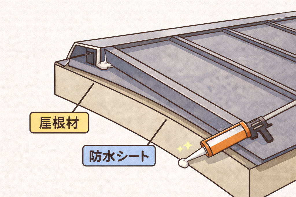 金属屋根でコーキングが補助材として使われる正しい考え方のイメージ