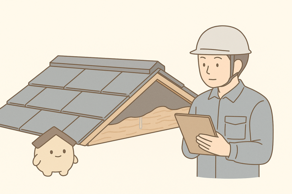 屋根の内部劣化を確認するためプロが点検している様子