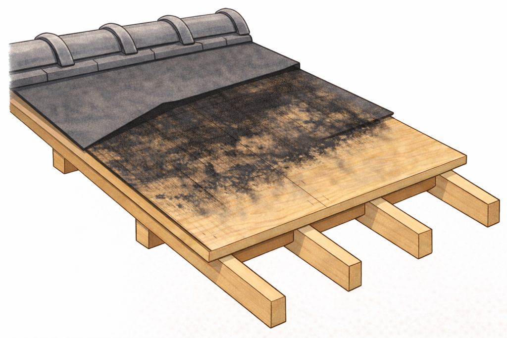 劣化して黒く変色した瓦屋根の野地板