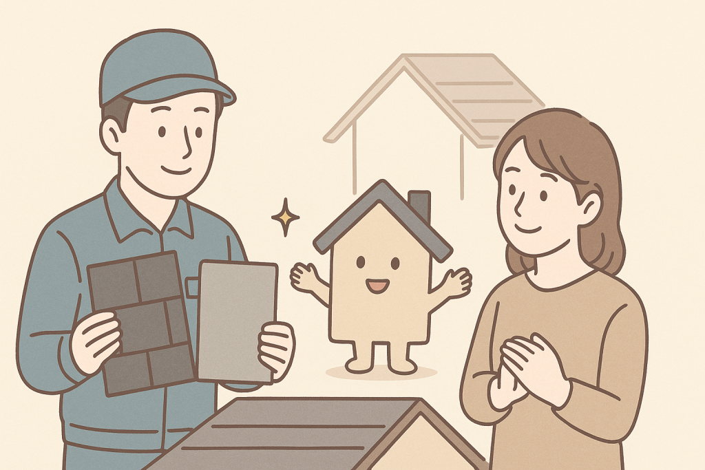 作業員がスレートと金属屋根のサンプルを示しながら女性に説明しているイメージ。京キャラも横で嬉しそうに見ている。
