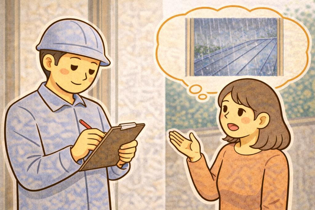 雨音について落ち着いて相談し判断している様子