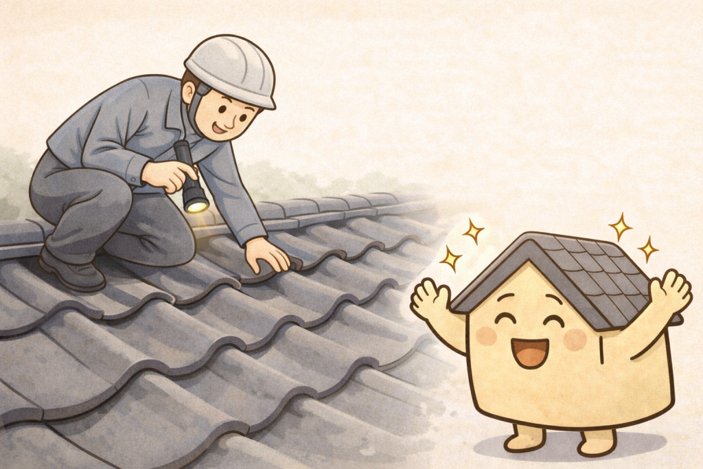 台風後に瓦屋根の状態を点検している様子