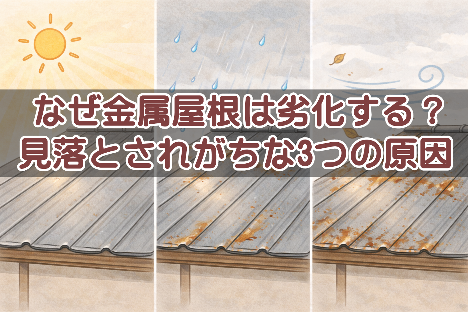 金属屋根が紫外線や雨風、熱膨張の影響で劣化していく仕組みを示したイメージ