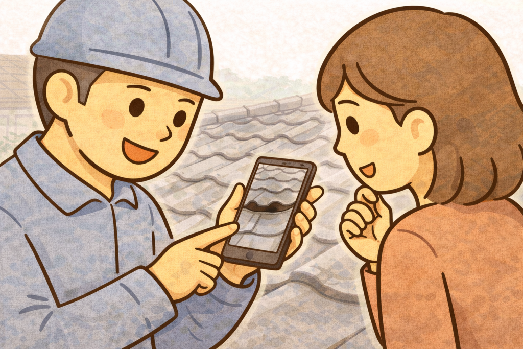 瓦屋根全体の状態を点検している様子