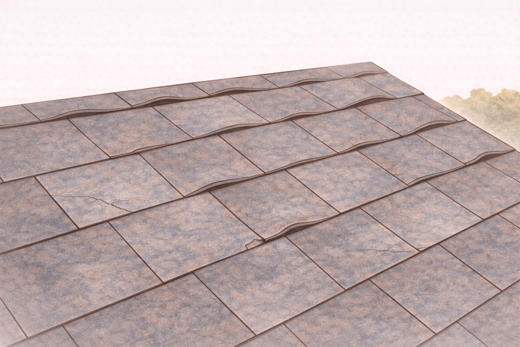 コロニアル形状のスレート屋根全体に反りや浮きが広がっている寿命サインのイメージ
