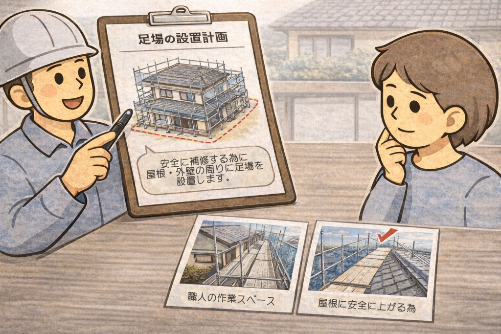 瓦屋根工事で足場費用の範囲や理由を説明している様子