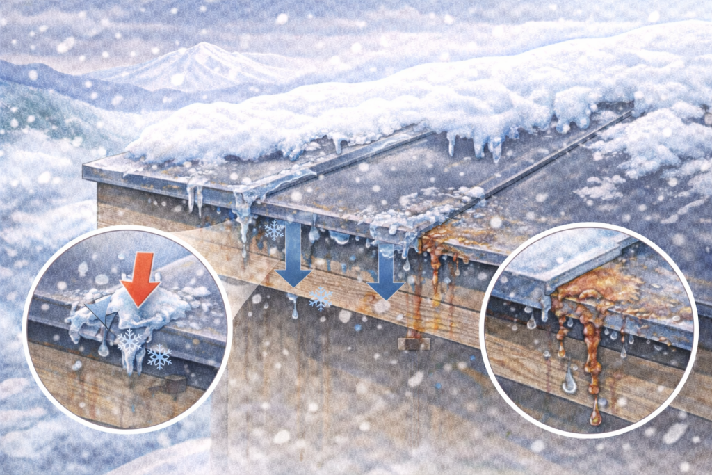 雪国で積雪と凍結の影響を受ける金属屋根のイメージ