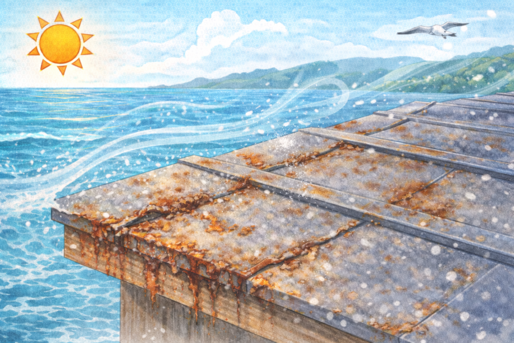 海沿い地域で塩害を受けやすい金属屋根の劣化イメージ