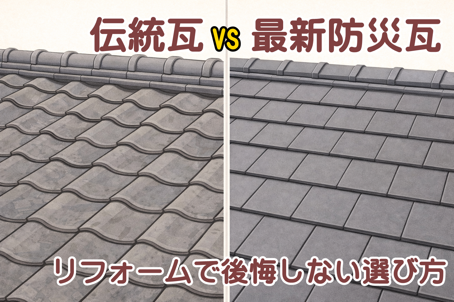 伝統瓦と最新防災瓦の違いを比較した瓦屋根リフォームの判断イメージ