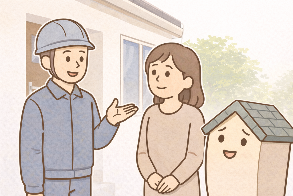 家キャラと屋根の専門作業員が安心して点検を任せてよいことを伝えているイメージ
