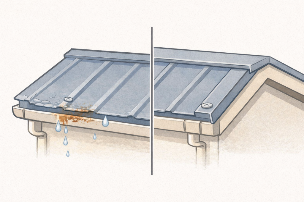 金属屋根の良い施工と悪い施工の違いを比較したイメージ