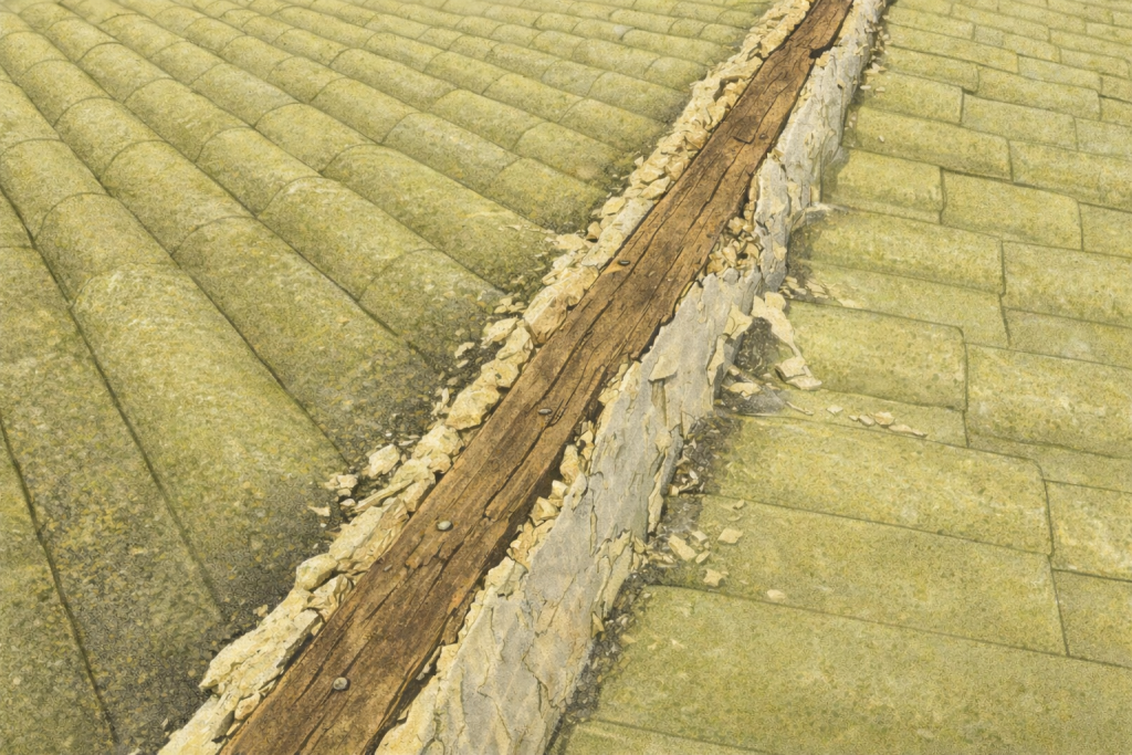 木下地が痩せて釘が効きにくくなるイメージ（瓦屋根の固定力低下）