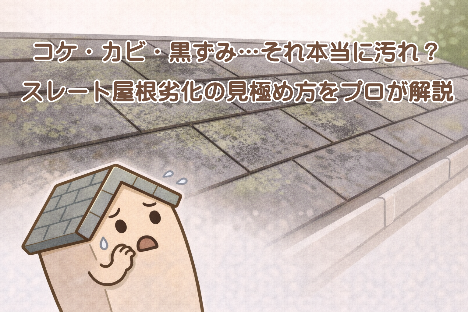 コケや黒ずみが出ているスレート屋根は汚れか劣化かを考えるイメージ
