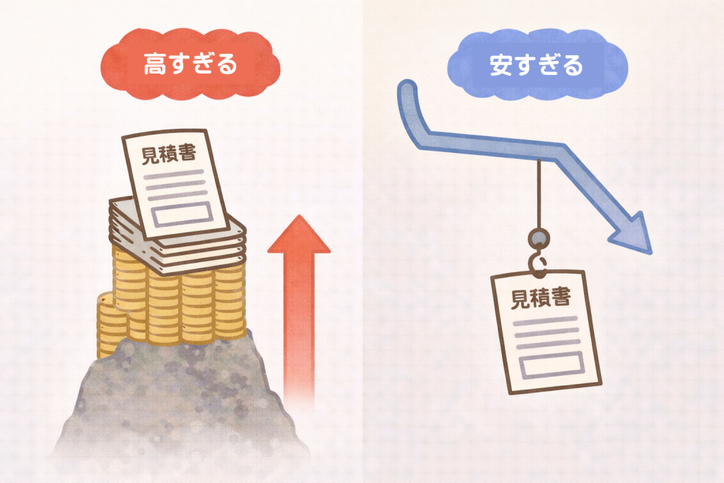 極端に安い見積もりと高い見積もりの注意点を示すイメージ
