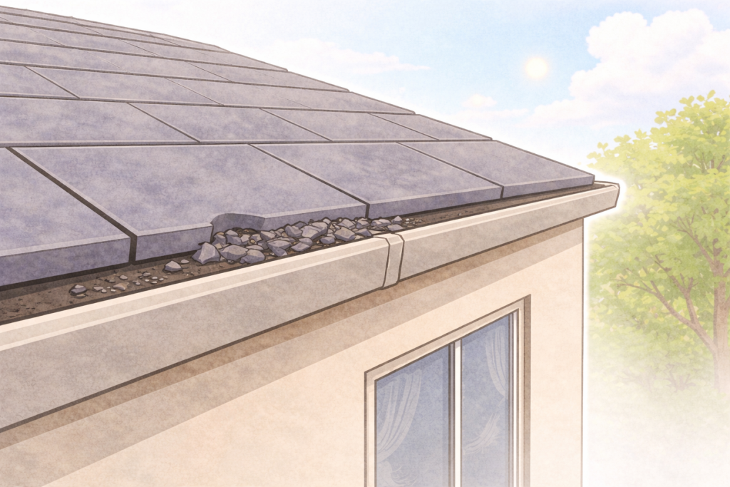 台風後に雨樋の中へスレート屋根の欠片が溜まっている様子
