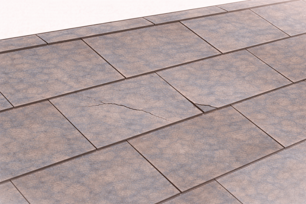 コロニアル形状のスレート屋根に軽いヒビや欠けが見られる初期劣化のイメージ
