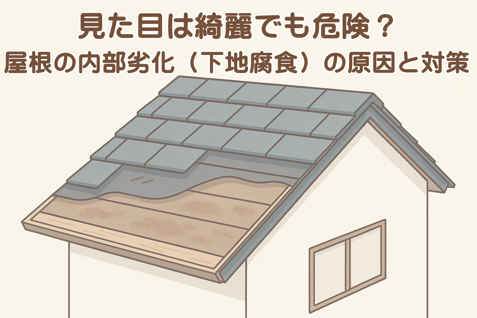 屋根の内部劣化と下地腐食を示す断面イメージ