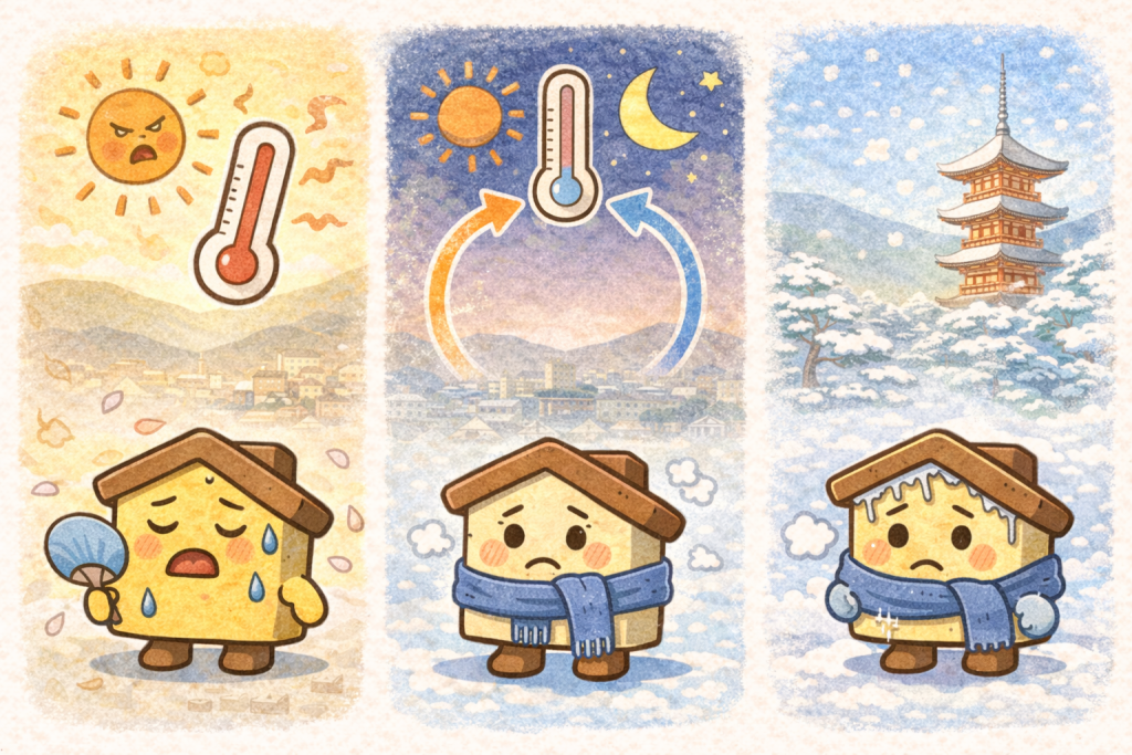 京都の気候による瓦屋根と漆喰の劣化イメージ