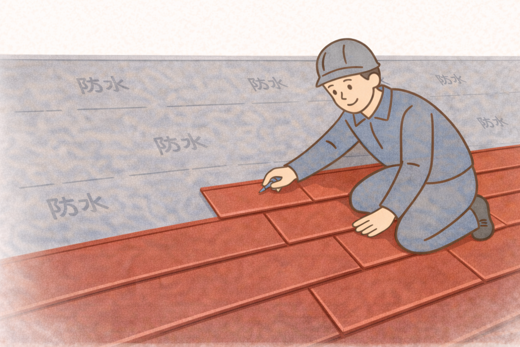 スレート屋根に行うカバー工法の仕組みを示すイメージ
