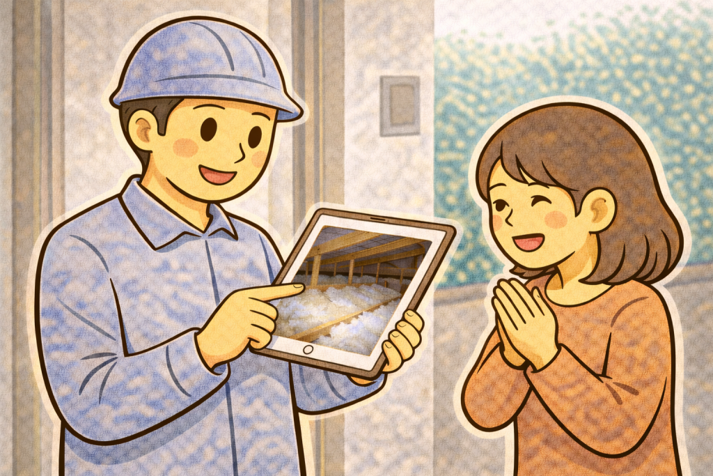 結露の状況を写真で確認し冷静に判断している相談の様子