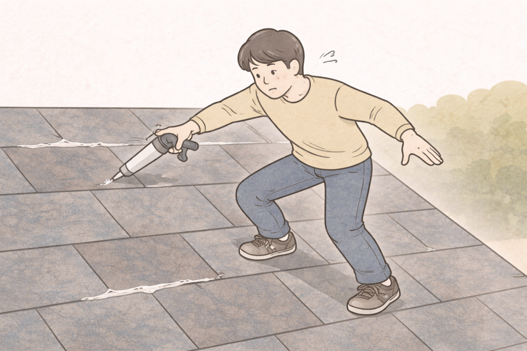 スレート屋根でコーキング補修をDIYしようとして不安定な姿勢になる危険な状態のイメージ
