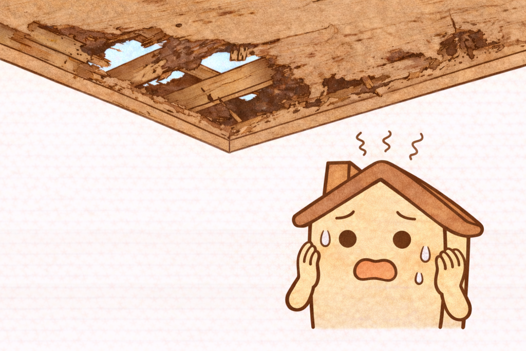 腐食した野地板を見て驚く家キャラ