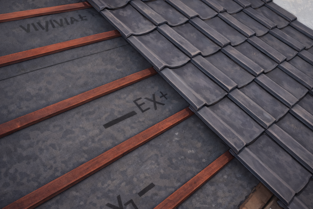 既存の瓦を再利用して瓦屋根を葺き直している工事の様子