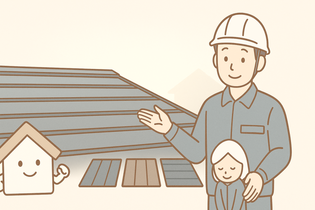 横長の構図でガルバリウム金属屋根と作業員キャラ・京キャラを描いたリフォームメインイメージ。
