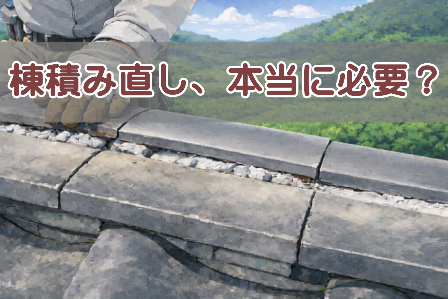 劣化して歪みが出ている瓦屋根の棟部分を積み直している