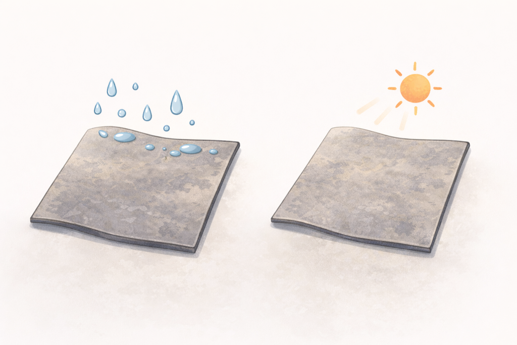 スレート屋根材が吸水と乾燥を繰り返して変形する仕組みのイメージ
