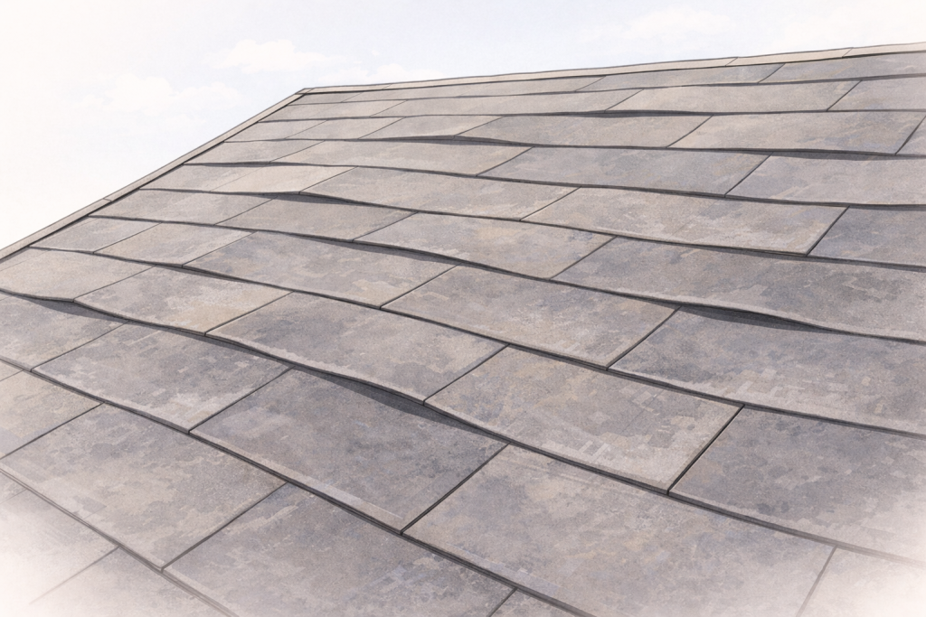 反りや浮きが見られるスレート屋根の表面状態
