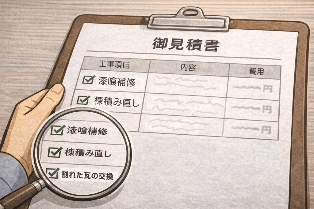 瓦屋根修理の工事項目が具体的に記載された見積書の例