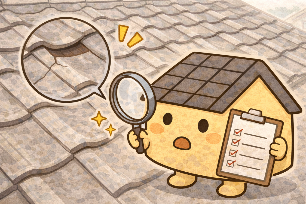 台風後に瓦屋根全体の状態を確認している様子