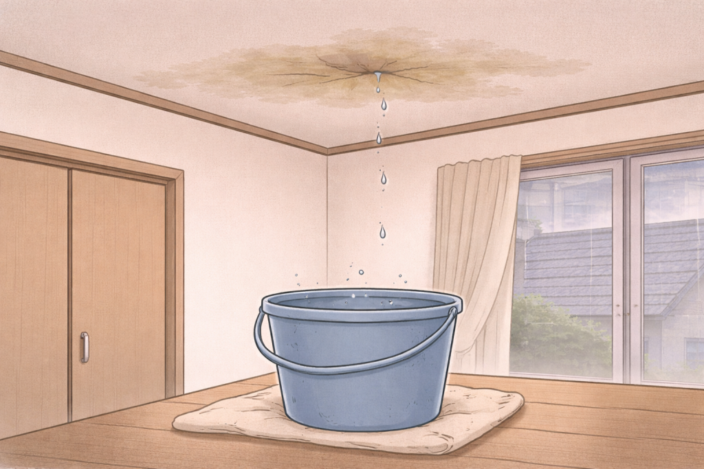 コロニアルスレート屋根が原因で室内に雨漏りが発生している状態のイメージ
