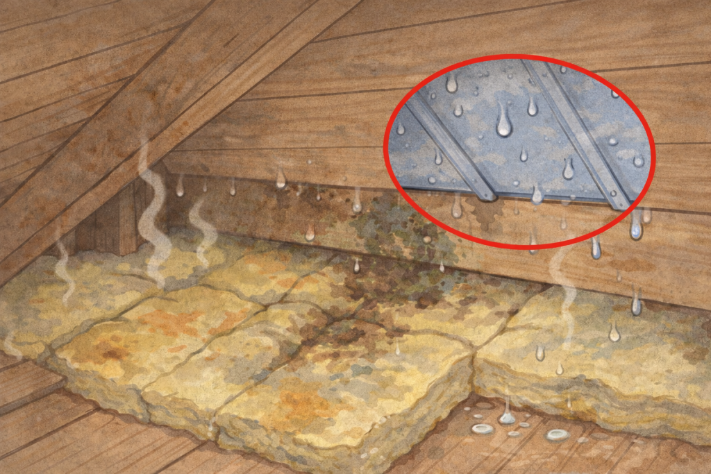 金属屋根の裏側で発生する結露や湿気による内部劣化のイメージ