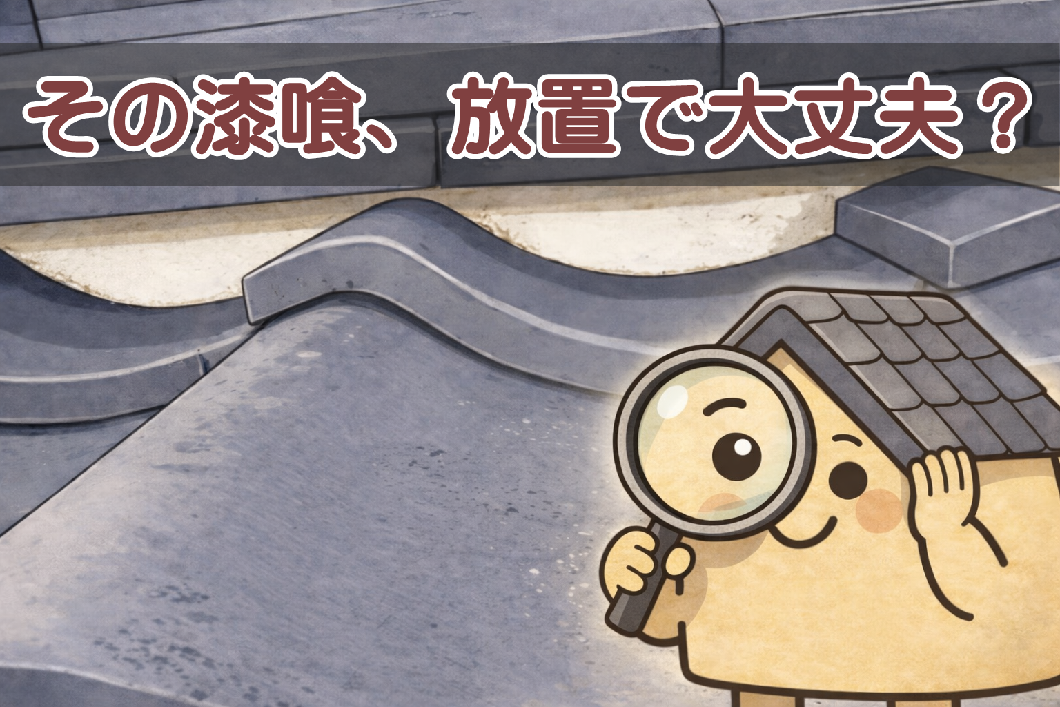 瓦屋根の棟部分で漆喰が剥がれ始めている状態