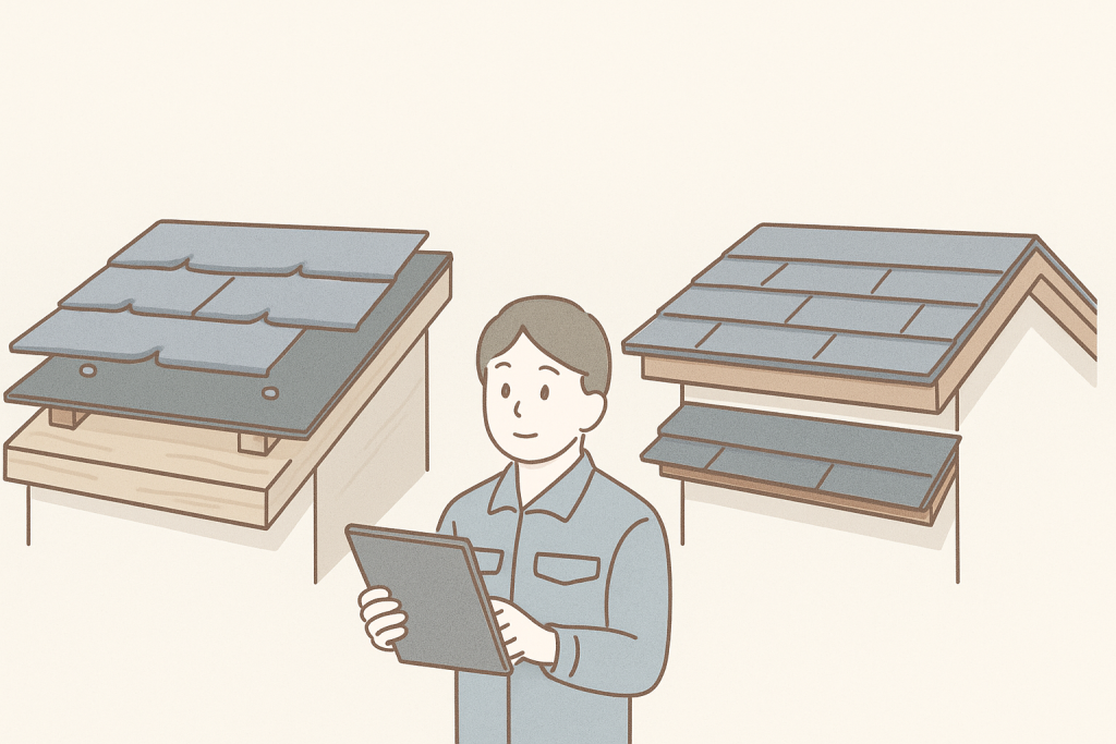 葺き替えとカバー工法の構造の違いを示す断面イメージ