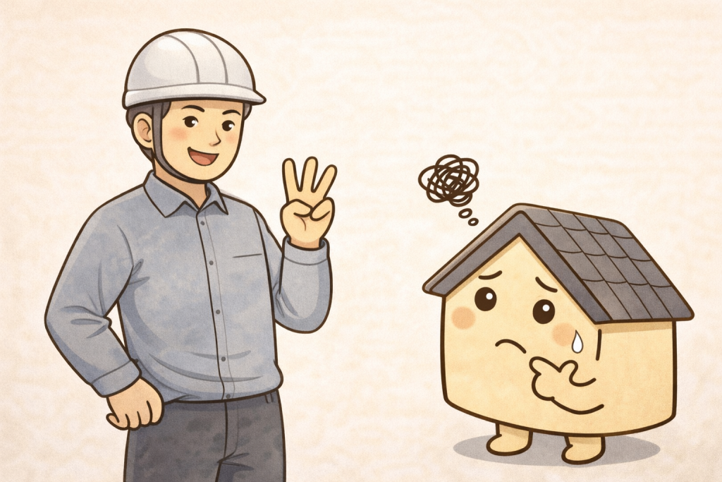 棟が波打って歪んでいる瓦屋根を教える作業員